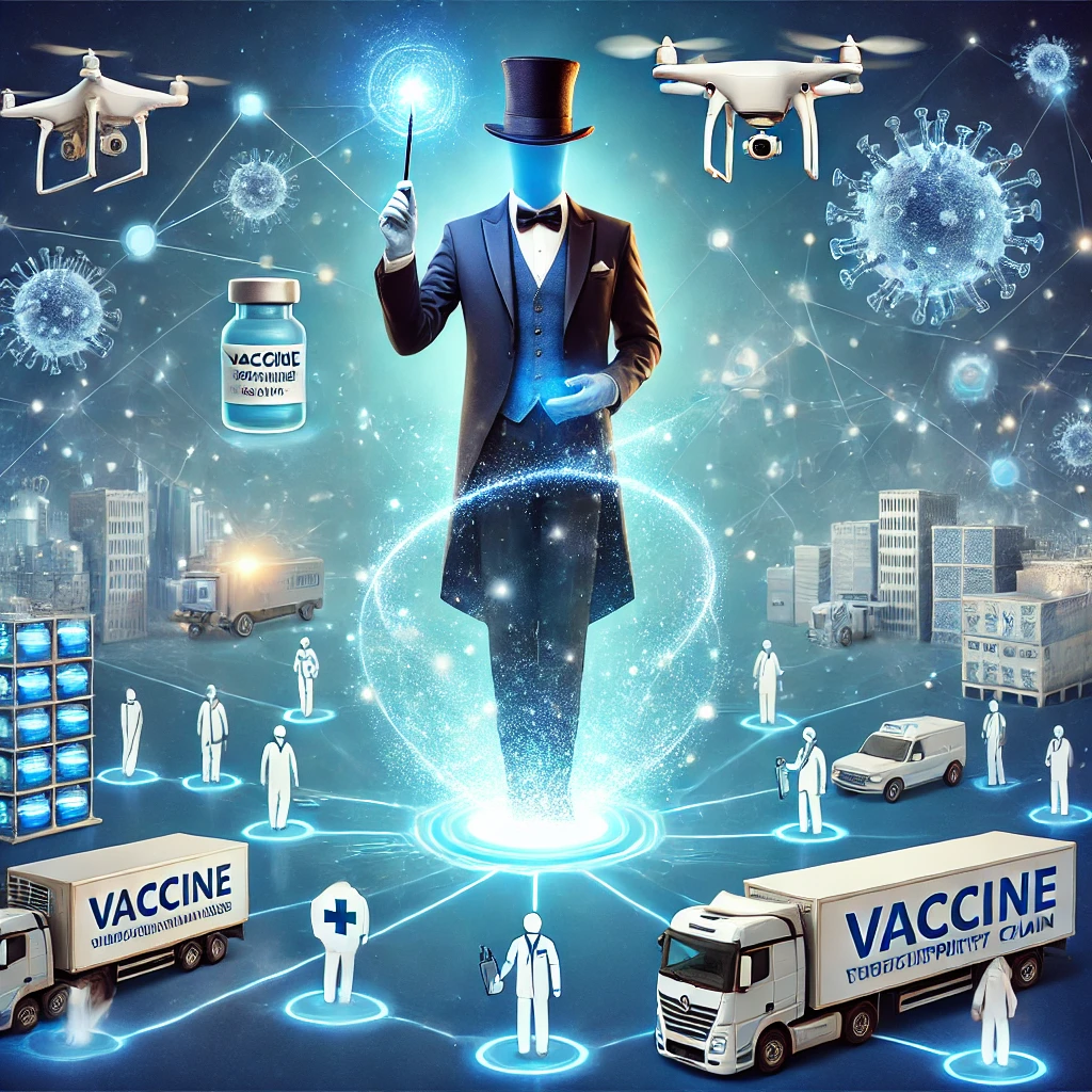 DALLE 2025 02 08 00.08.54 A captivating illustration depicting a magician like vaccine supply chain manager standing at the center of a dynamic and interconnected vaccine dis